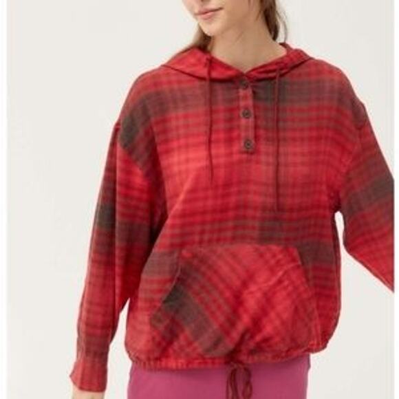 Urban Outfitters Red Black Plaid Drawstring Hoodie Women's Size X-Small XS NWT - Picture 1 of 8